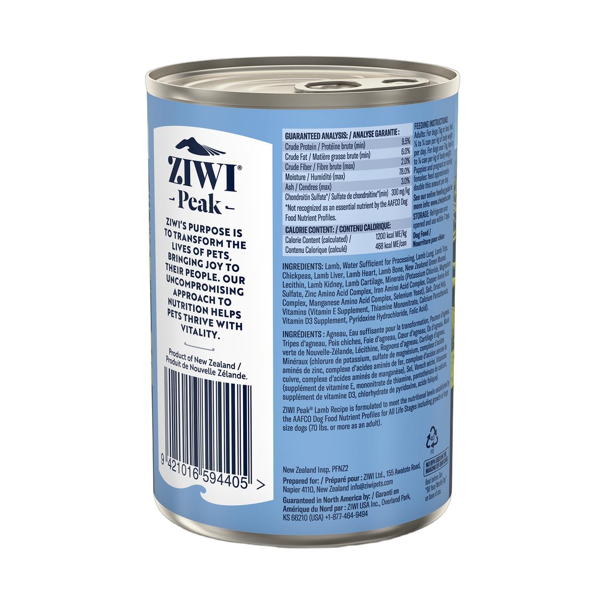 ZIWI Peak Canned Wet Lamb Recipe for Dogs (390g) — Best Before Sep 2027