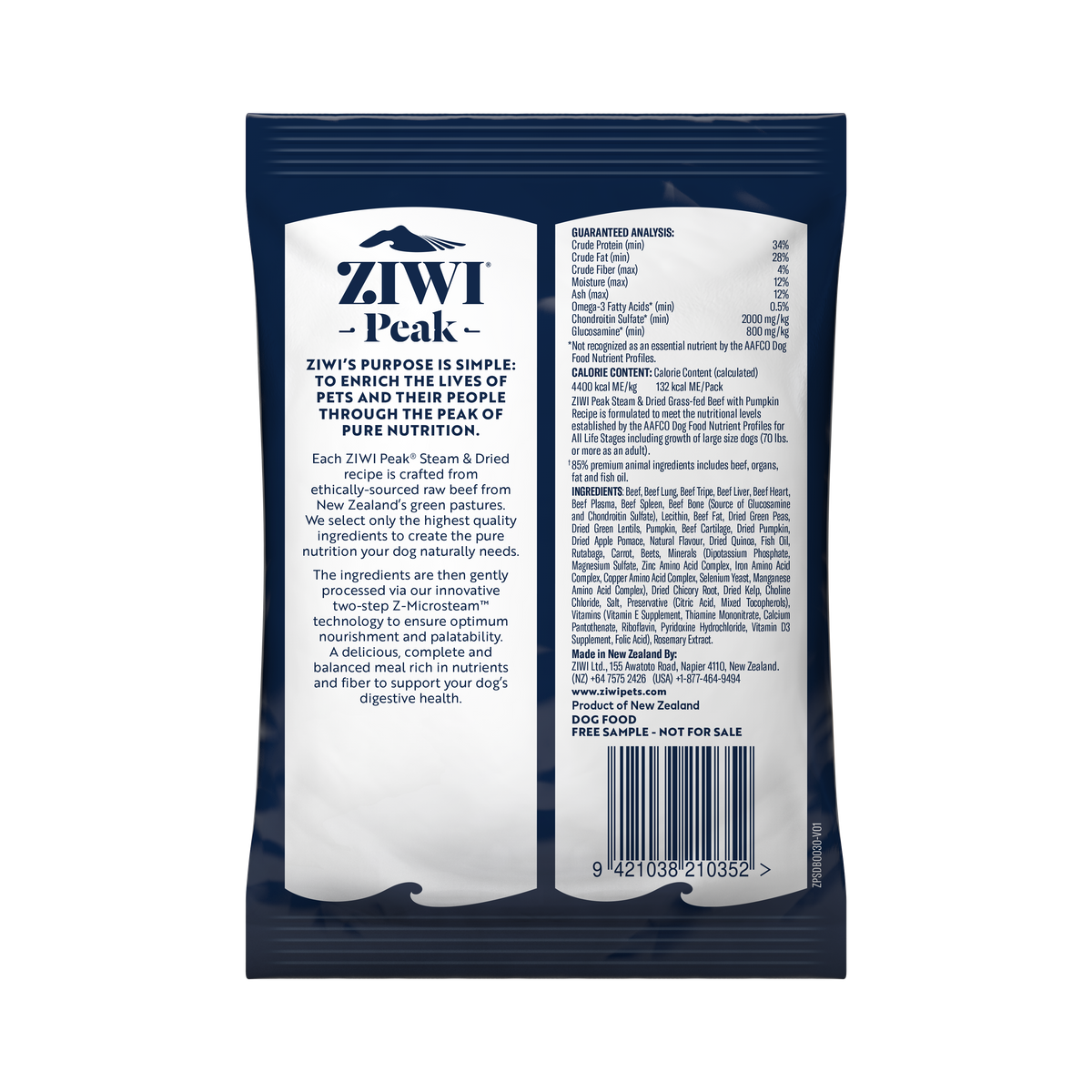 ZIWI Peak Steam & Dried Beef with Pumpkin dog sample pack 30g - back
