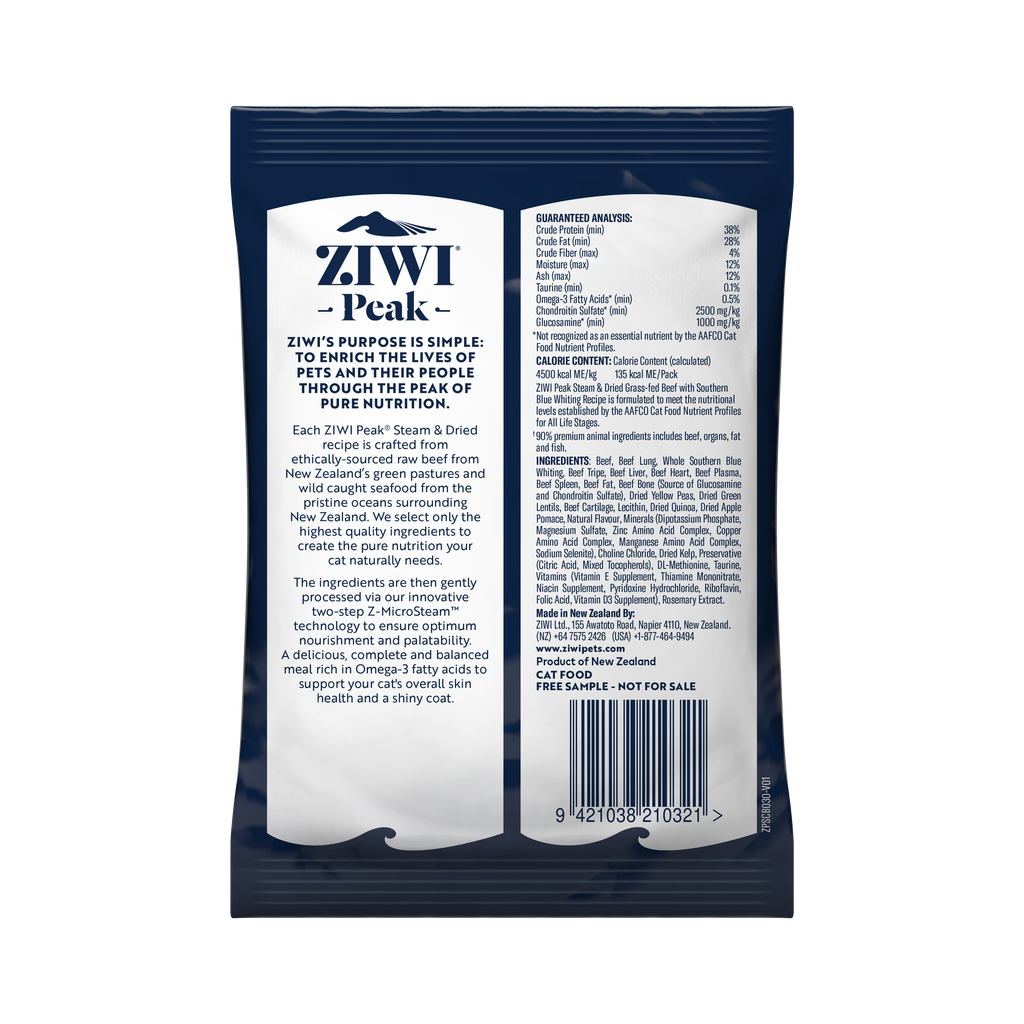 ZIWI Peak Steam & Dried Beef with Southern Blue Whiting cat sample pack 30g - back