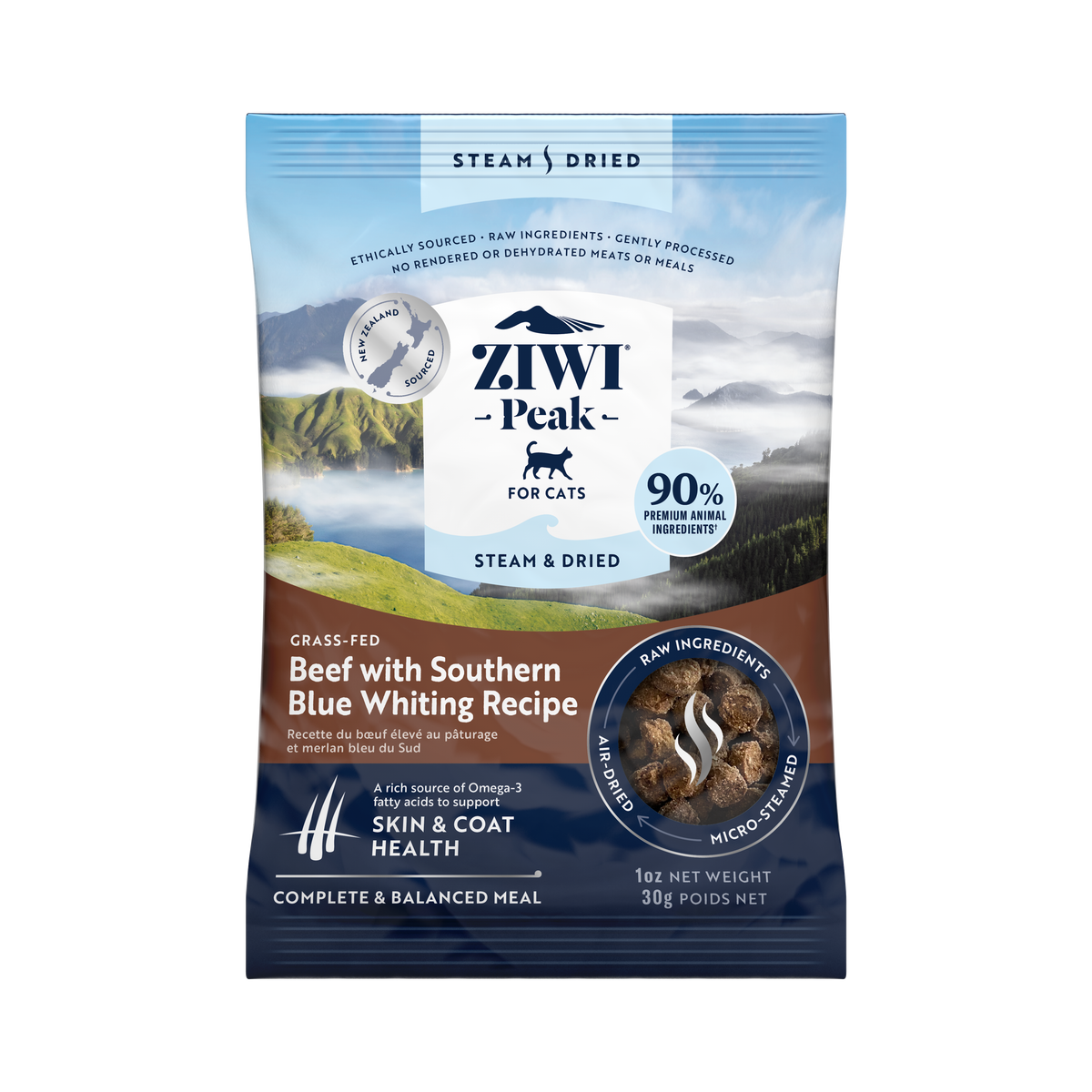 ZIWI Peak Steam & Dried Beef with Southern Blue Whiting cat sample pack 30g - front