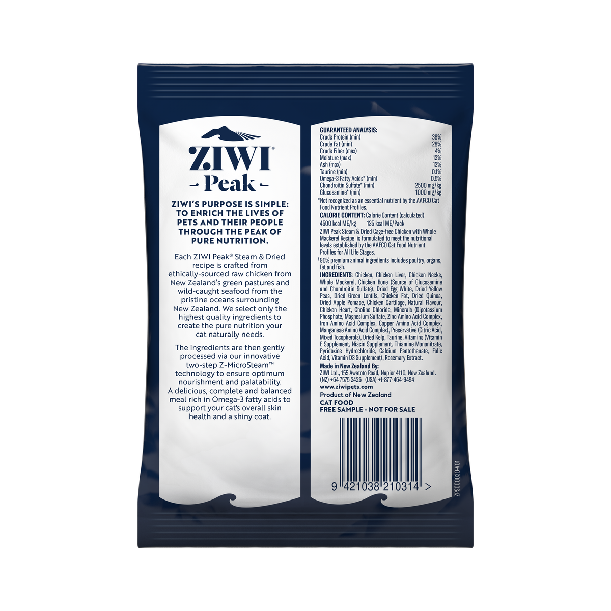 ZIWI Peak Steam & Dried Chicken with Whole Mackerel cat sample pack 30g - back