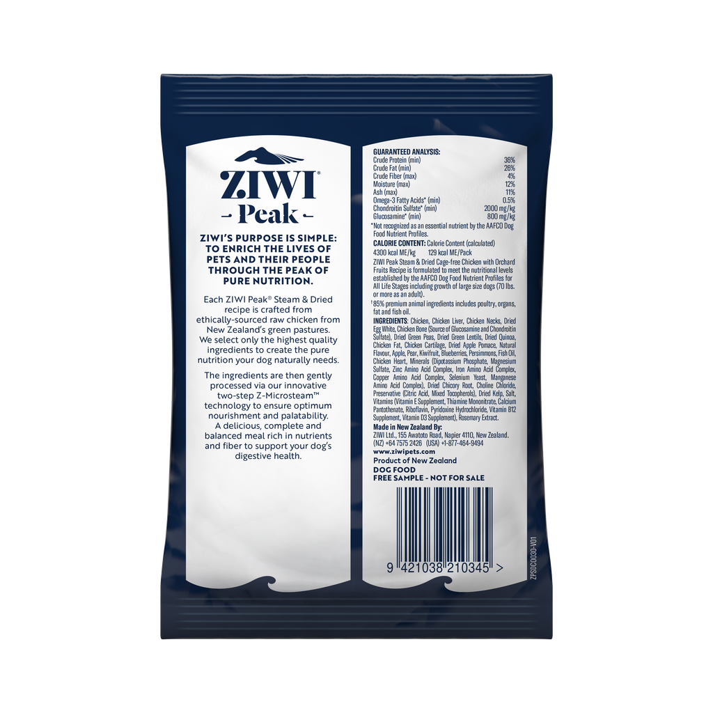 ZIWI Peak Steam & Dried Cage-free Chicken with Orchard Fruits dog sample pack 30g - back