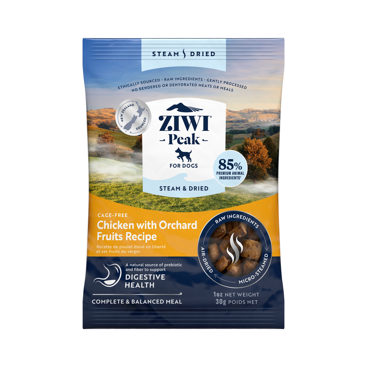 ZIWI Peak Steam & Dried Cage-free Chicken with Orchard Fruits dog sample pack 30g - front