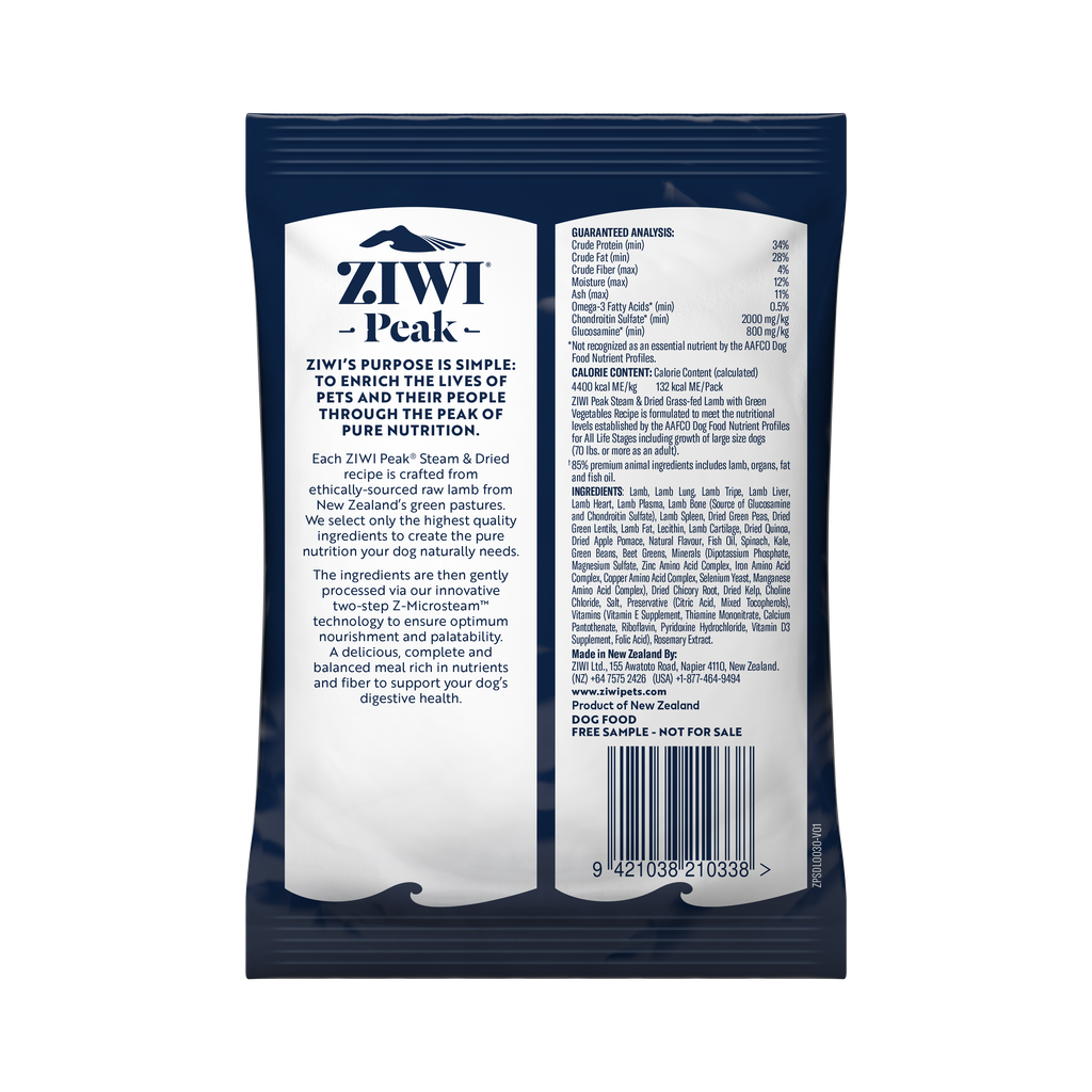 ZIWI Peak Steam & Dried Lamb with Green Vegetables dog sample pack 30g - back