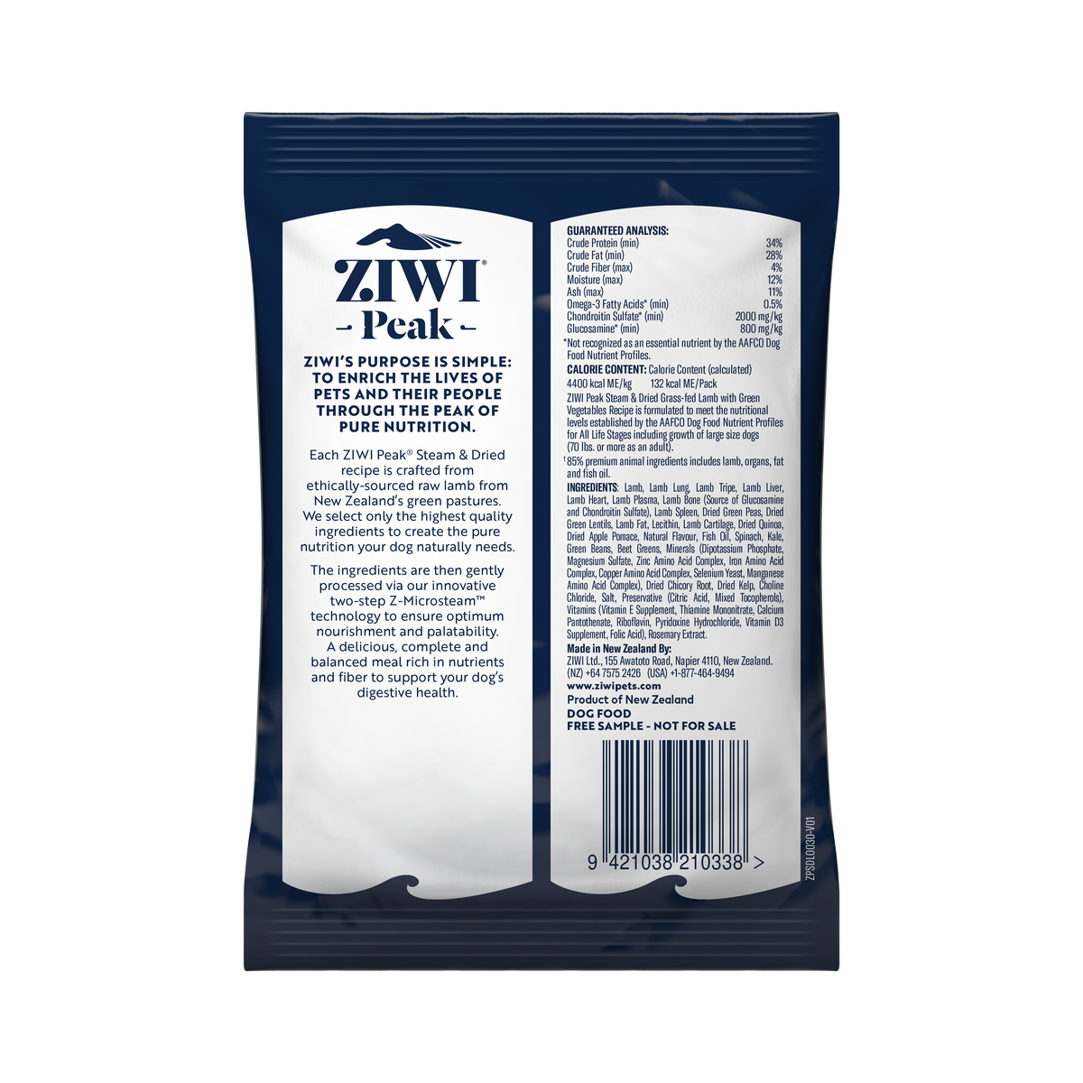 ZIWI Peak Steam & Dried Lamb with Green Vegetables dog sample pack 30g - back