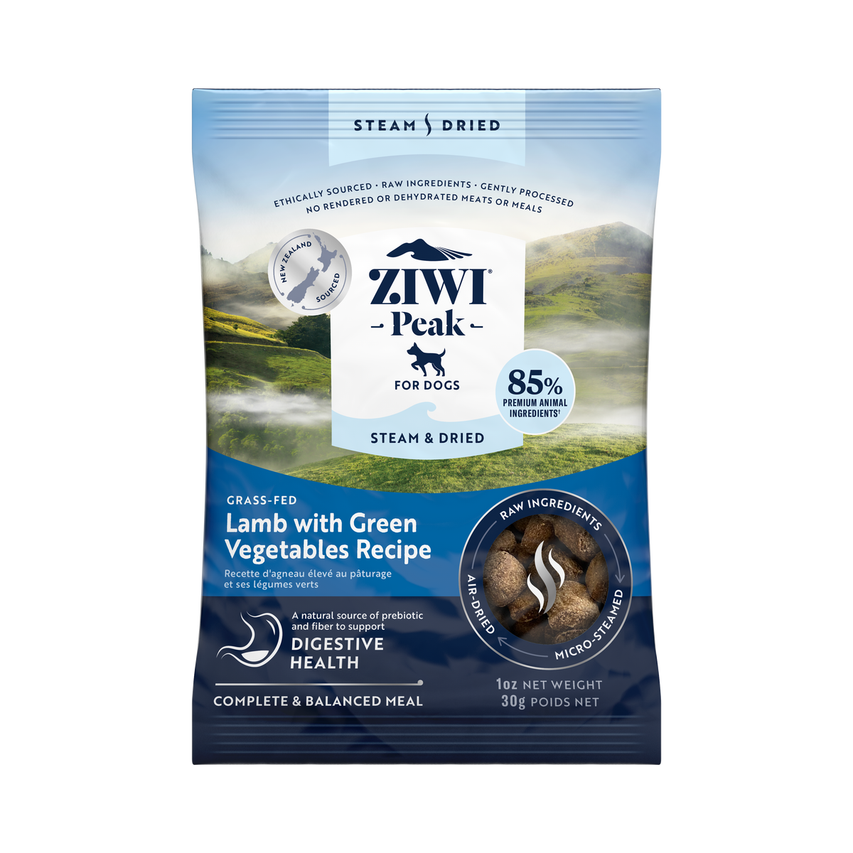 ZIWI Peak Steam & Dried Lamb with Green Vegetables dog sample pack 30g - front