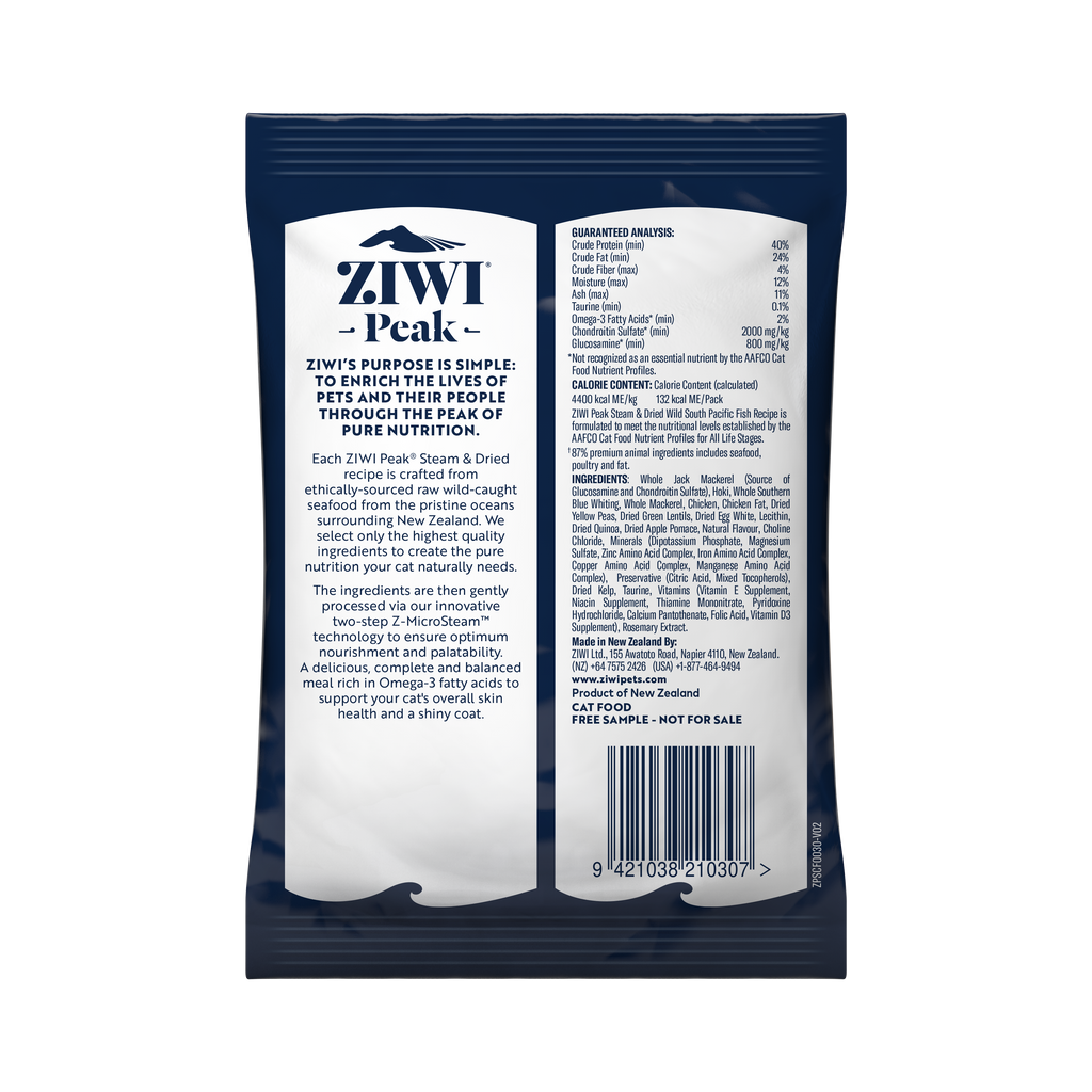 ZIWI Peak Steam & Dried Wild South Pacific Fish cat sample pack 30g - back