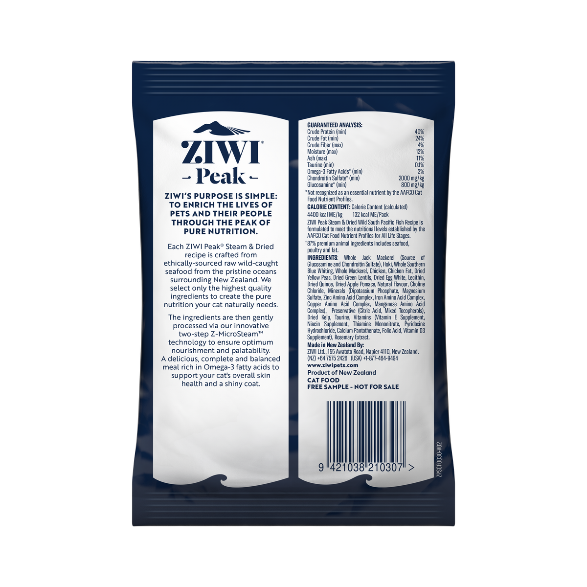 ZIWI Peak Steam & Dried Wild South Pacific Fish cat sample pack 30g - back